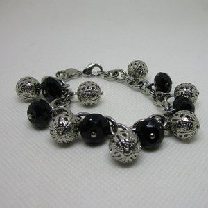 designer stainless steel & black faceted bead charm bracelet